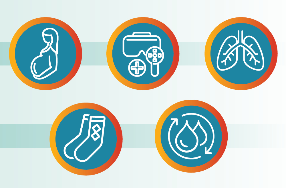 Illustration of graphics representing five health grants at Princeton Health